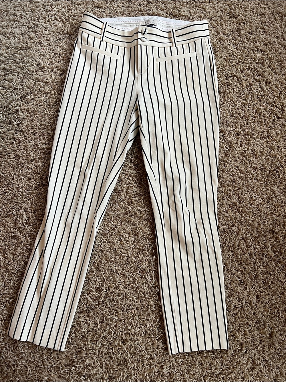 Anthropologie Cream and Black Striped Essential Slim Trousers
